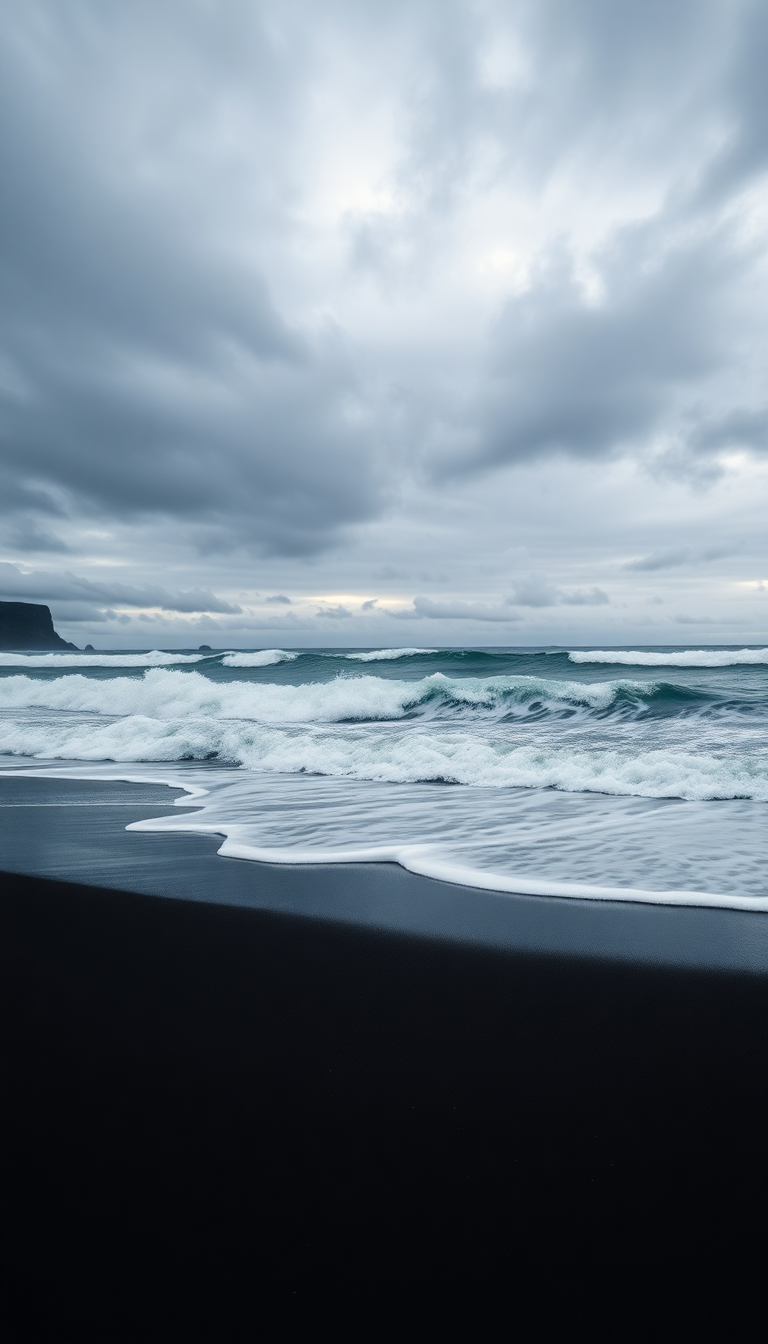 Icelandic Black Sand Beach Waves Photorealistic Wallpaper