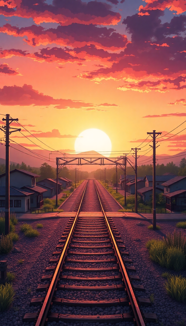 Train Crossing Rural Japan Sunset Anime Wallpaper