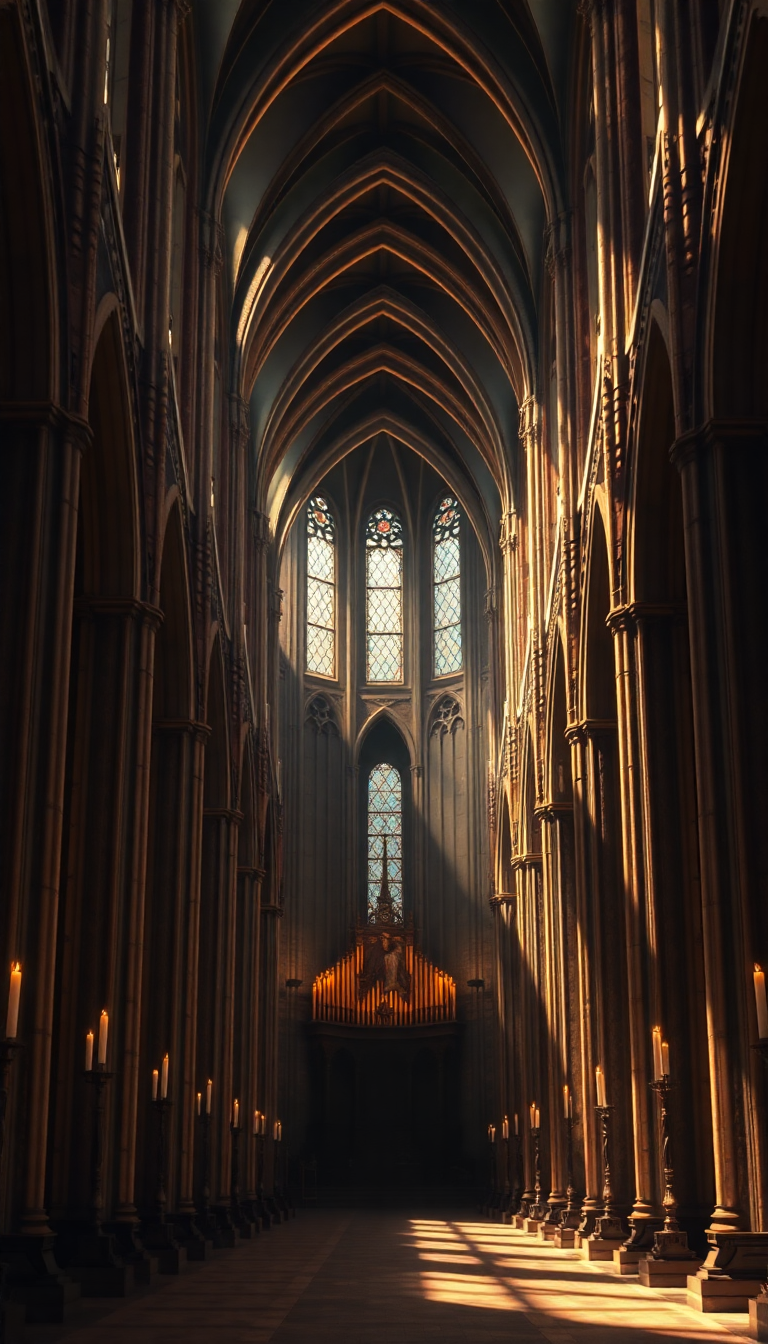 Gothic Cathedral Interior Candlelight Shadows Photorealistic Wallpaper