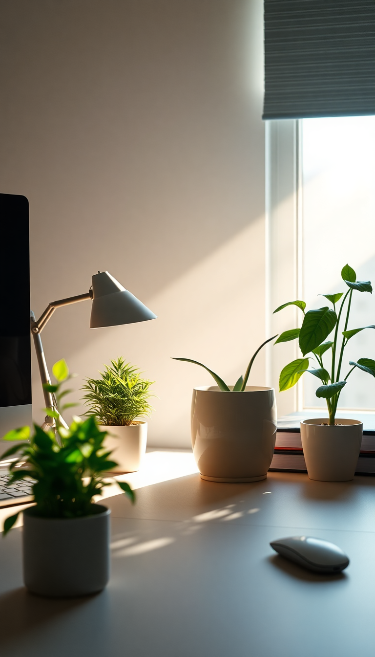 Minimalist Desk Setup Plants Morning Photorealistic Wallpaper