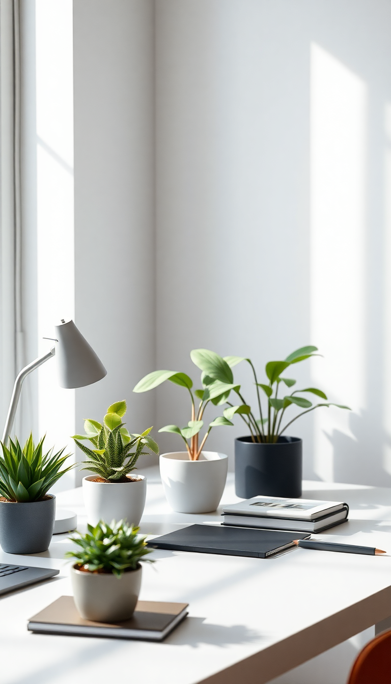 Minimalist Desk Setup Plants Morning Photorealistic Wallpaper