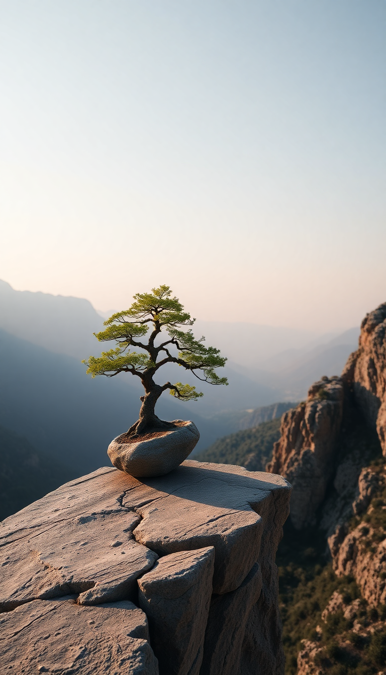 Bonsai Tree On Cliff Edge Minimalist Wallpaper