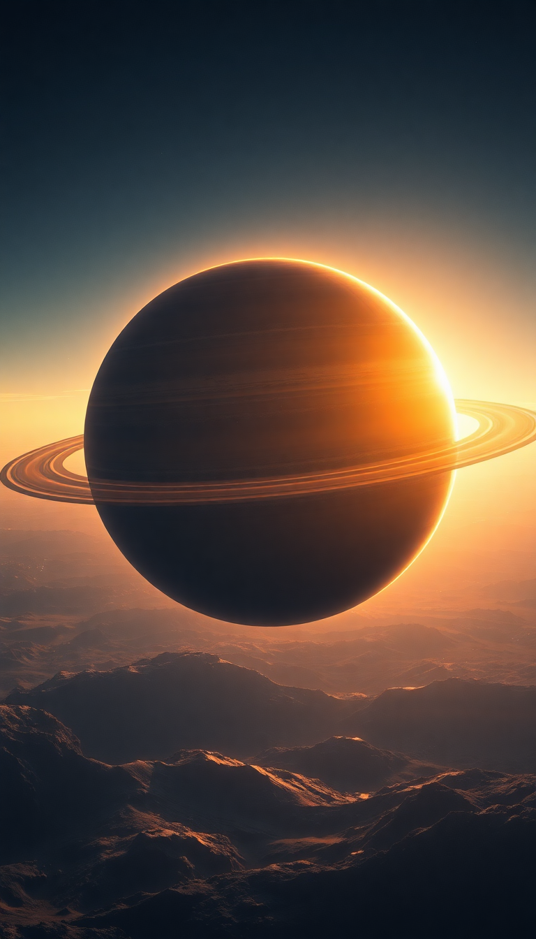 Massive Ringed Planet Rising Over Photorealistic Wallpaper