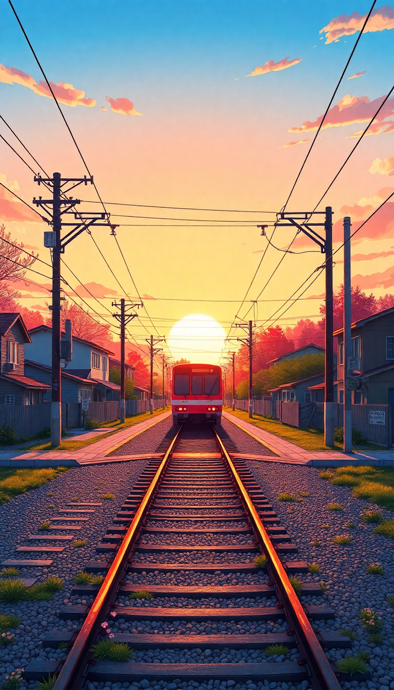 Train Crossing Rural Japan Sunset Anime Wallpaper