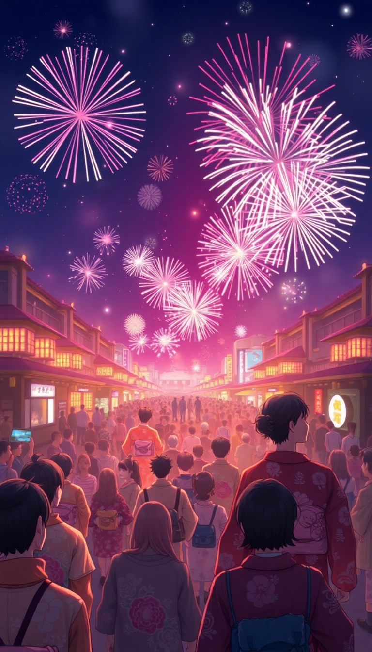 Summer Festival Fireworks Yukata Crowd Anime Wallpaper