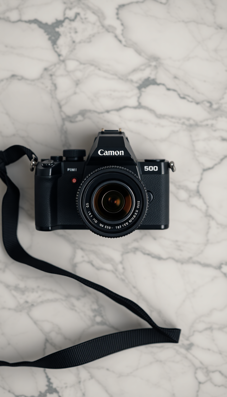 Film Camera On Marble Flatlay Photorealistic Wallpaper
