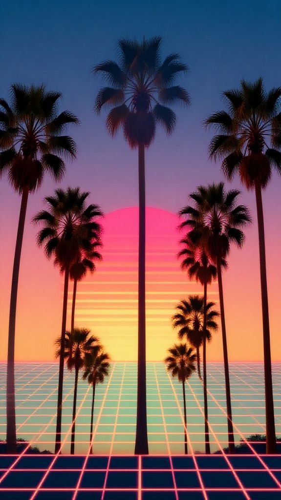80s Synthwave Grid Sunset Palm Digital art Wallpaper