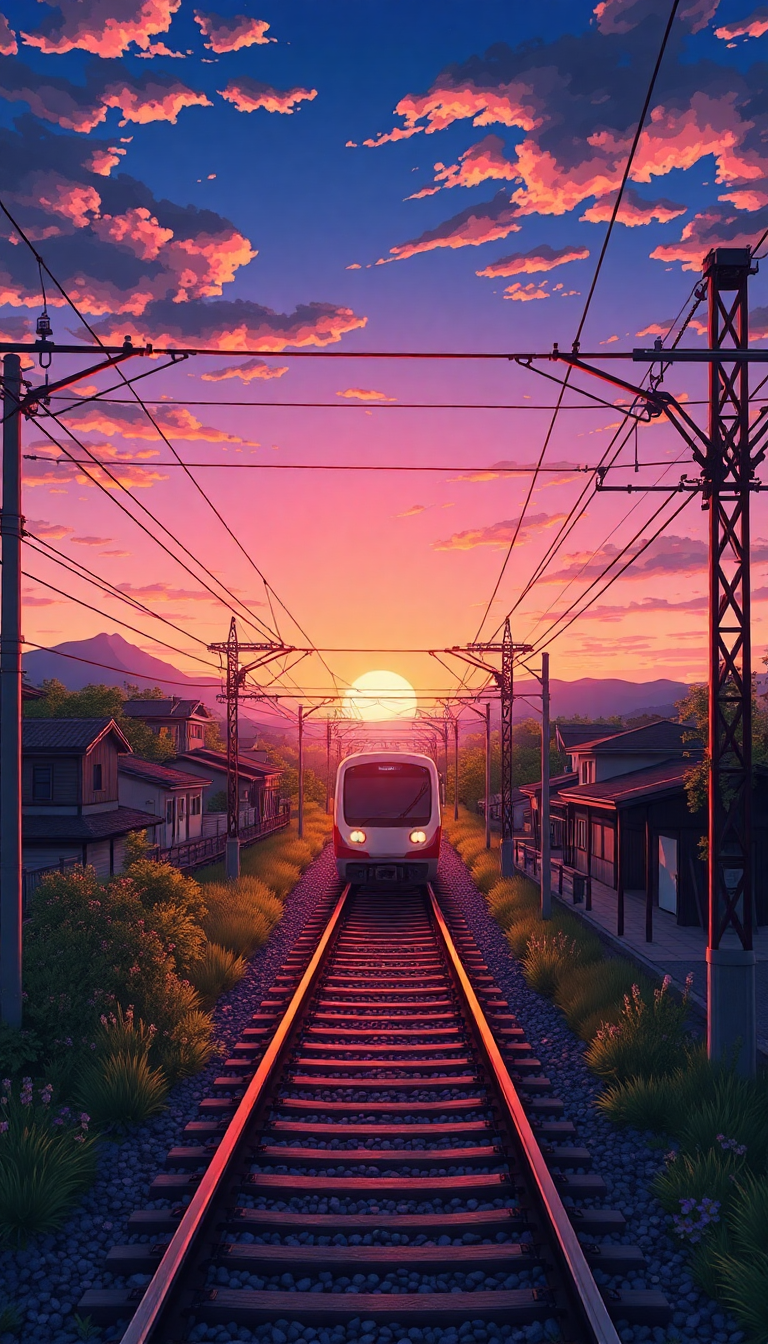 Train Crossing Rural Japan Sunset Anime Wallpaper