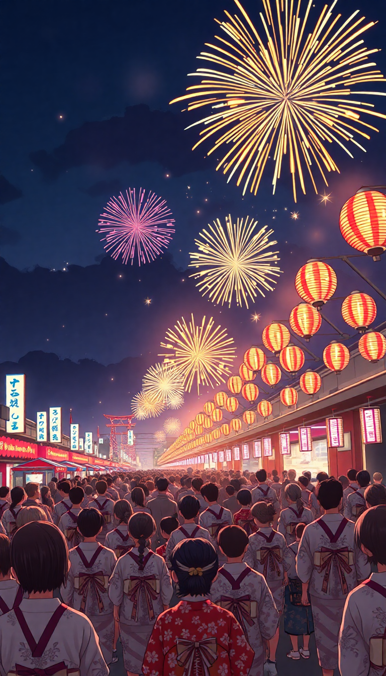 Summer Festival Fireworks Yukata Crowd Anime Wallpaper