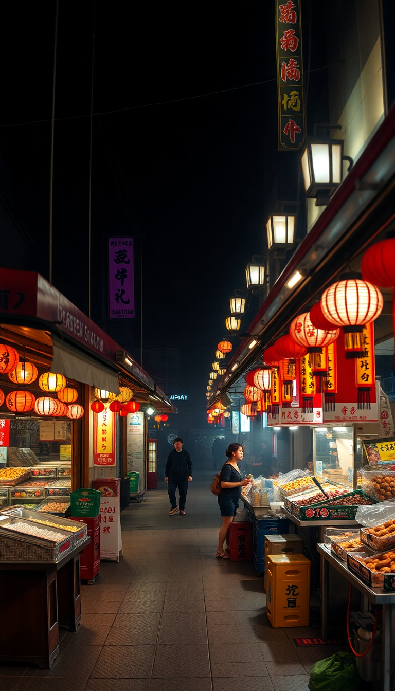 Night Market Street Food Stalls Photorealistic Wallpaper