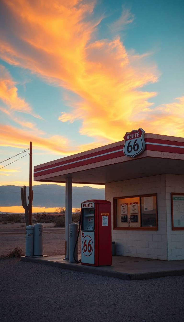 Old Gas Station Desert Route Photorealistic Wallpaper