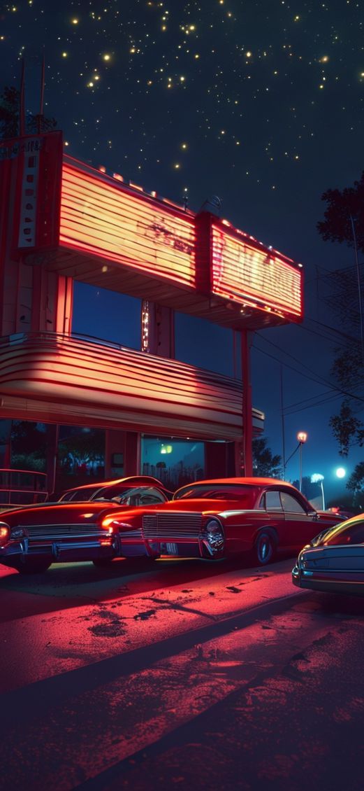 Drive-in Movie Theater Night Classic Photorealistic Wallpaper