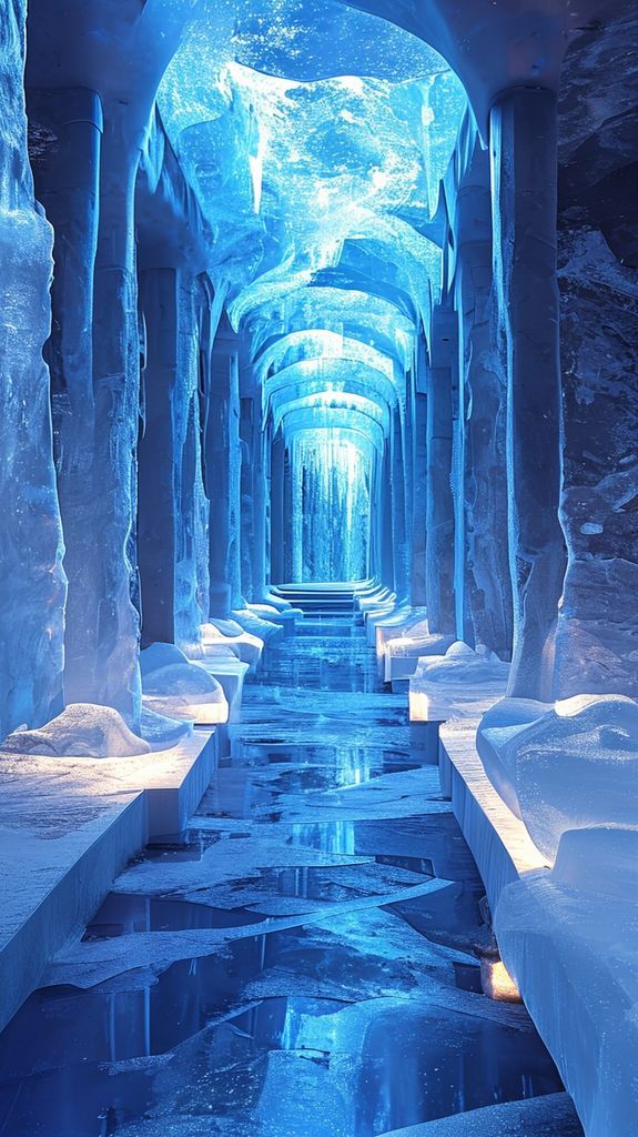 Ice Hotel Interior Frozen Sculptures Photorealistic Wallpaper
