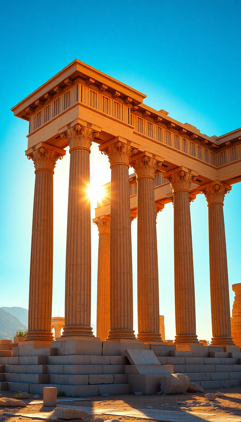 Ancient Greek Temple Ruins Golden Photorealistic Wallpaper