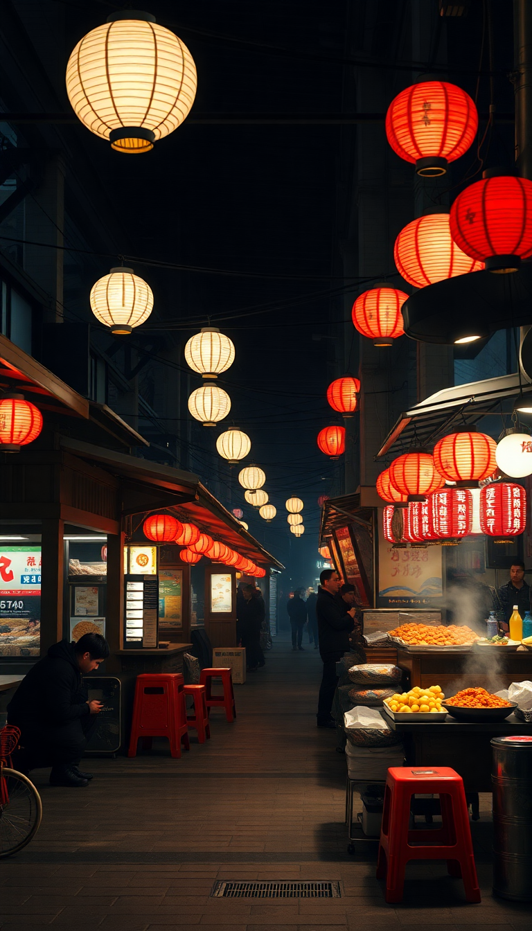 Night Market Street Food Stalls Photorealistic Wallpaper