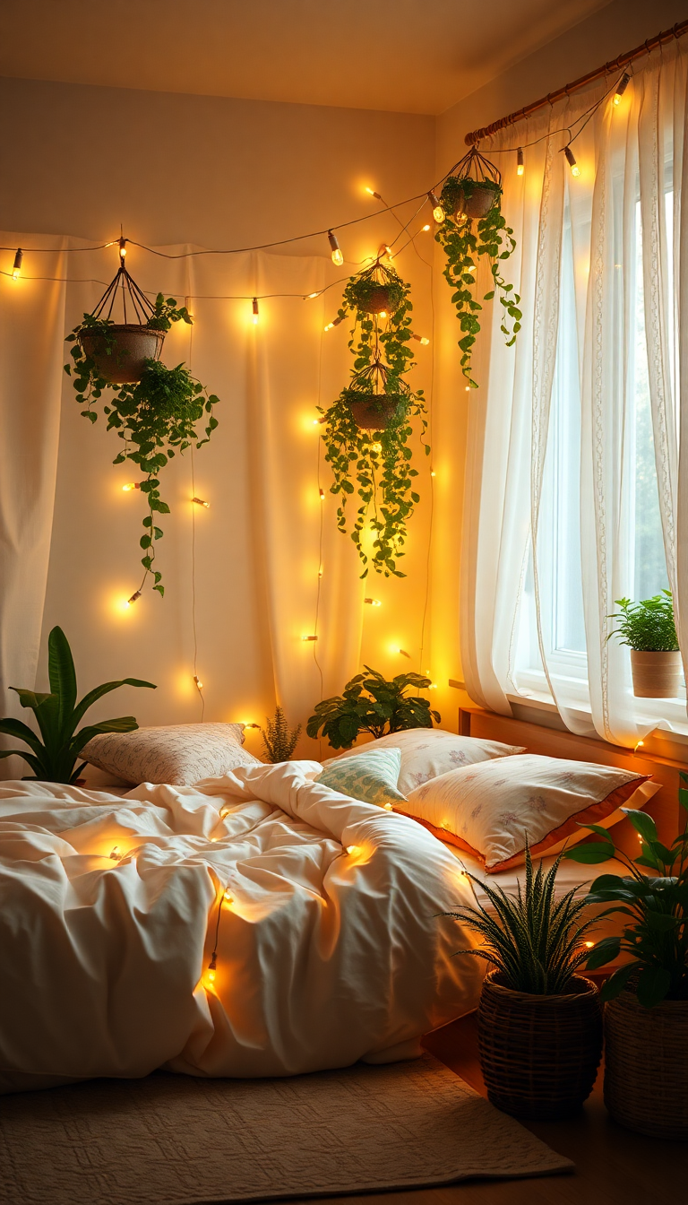 Indie Bedroom Fairy Lights Plants Photorealistic Wallpaper