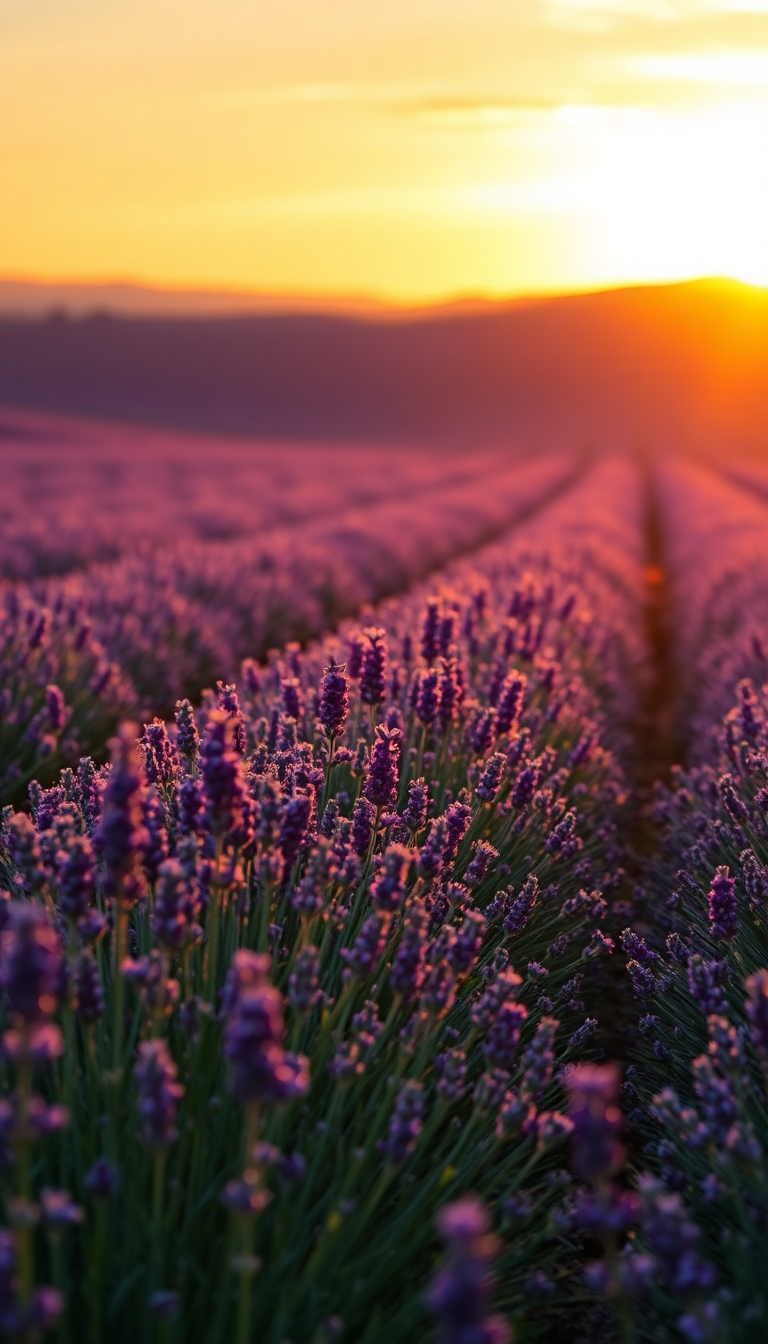 Lavender Fields Provence Sunset Golden Photorealistic Wallpaper