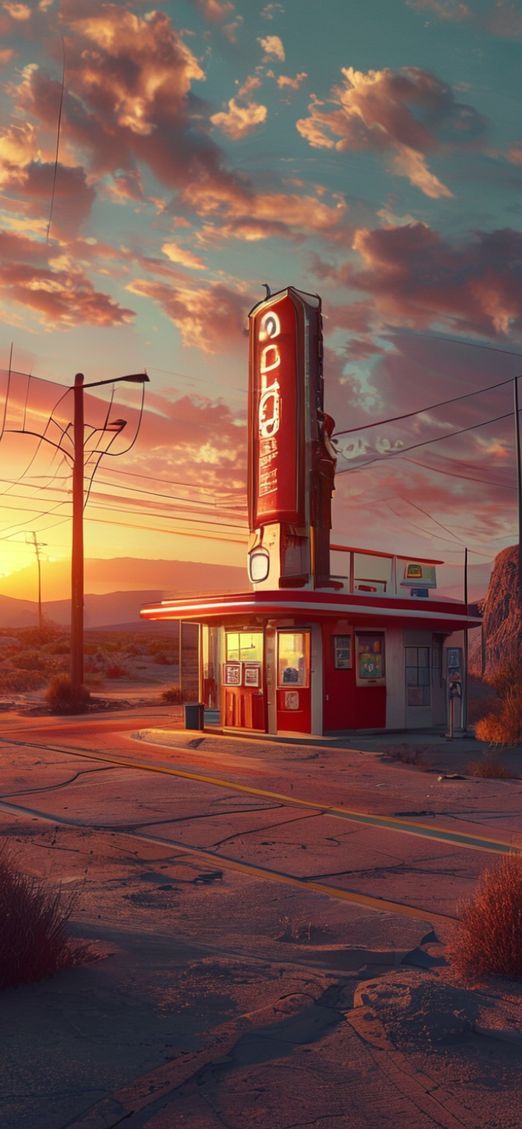 Old Gas Station Desert Route Photorealistic Wallpaper