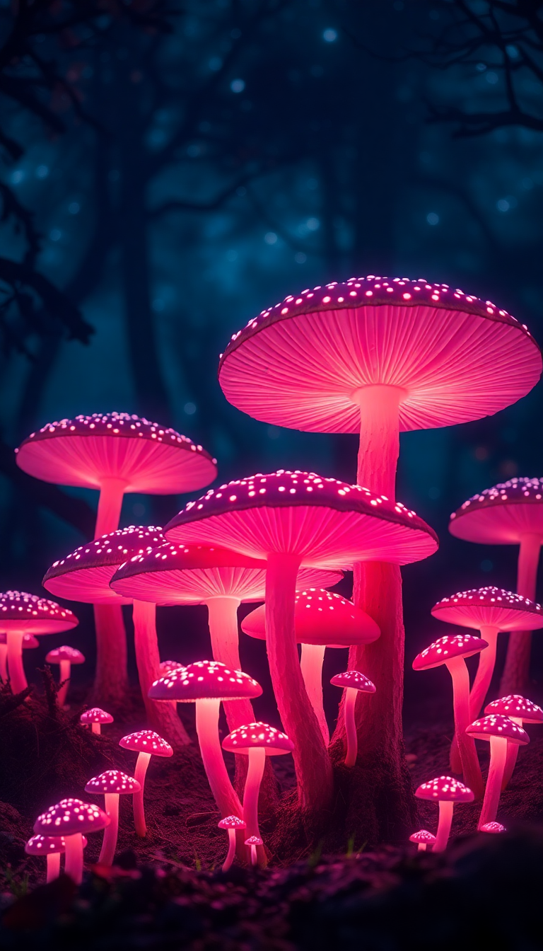 Bioluminescent Mushroom Forest At Night Photorealistic Wallpaper