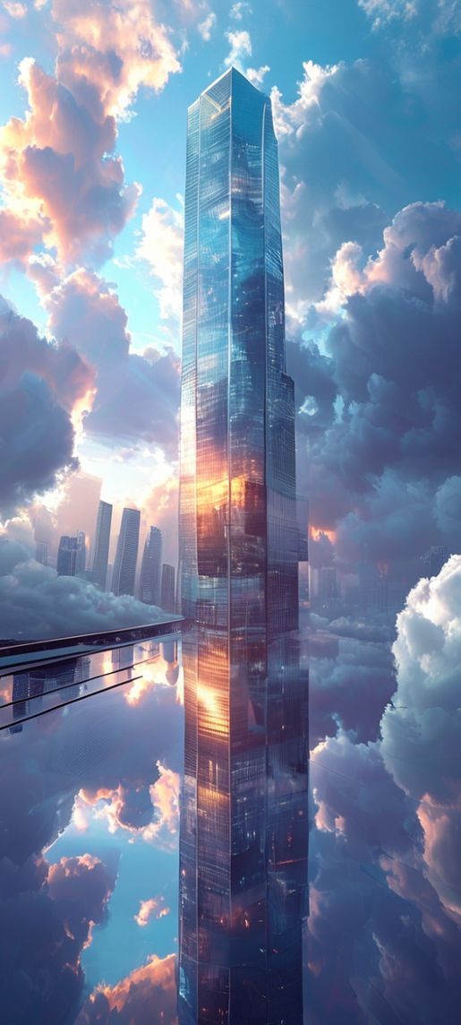 Glass Skyscraper Reflections Clouds Warped Photorealistic Wallpaper