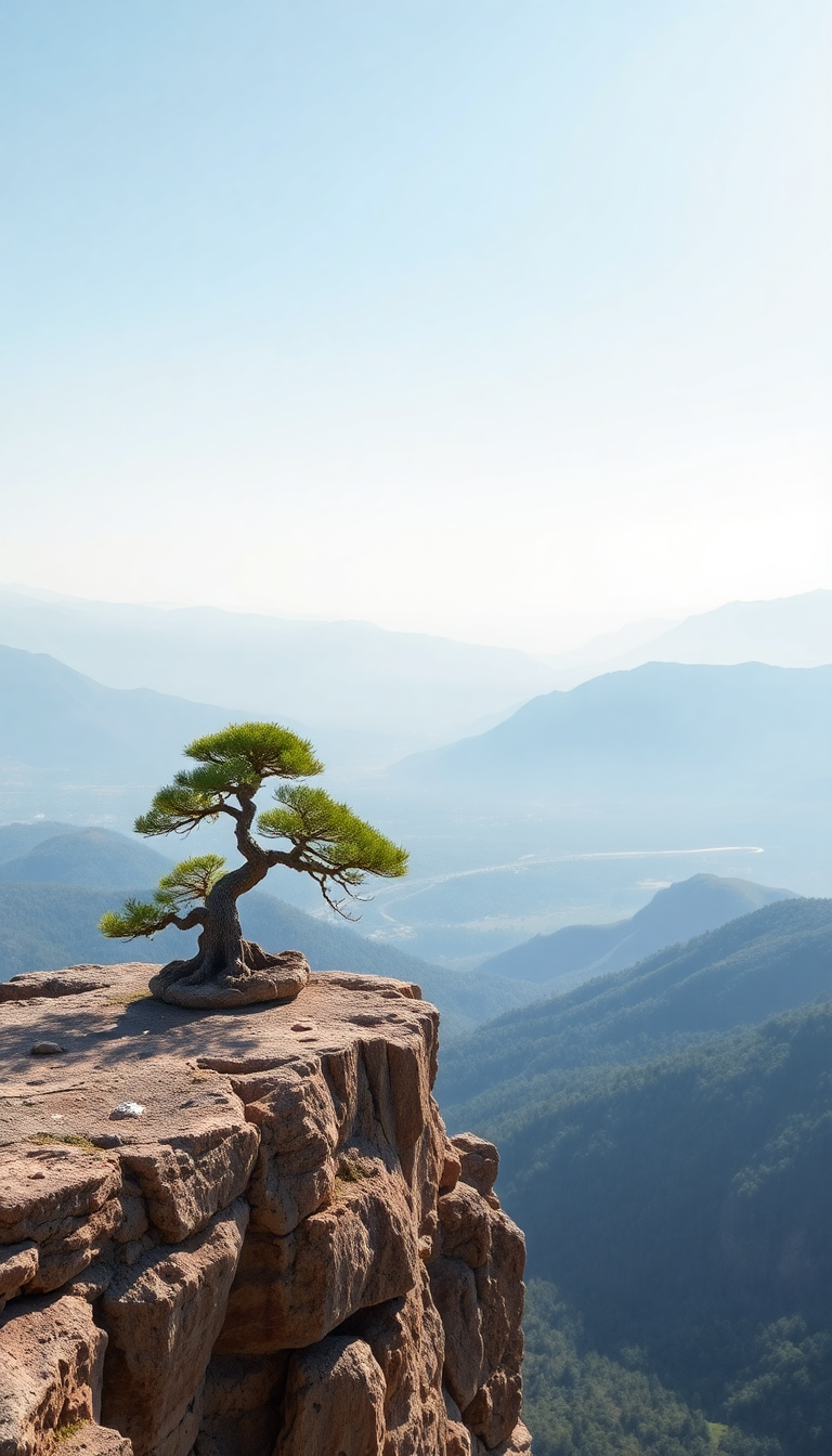 Bonsai Tree On Cliff Edge Minimalist Wallpaper