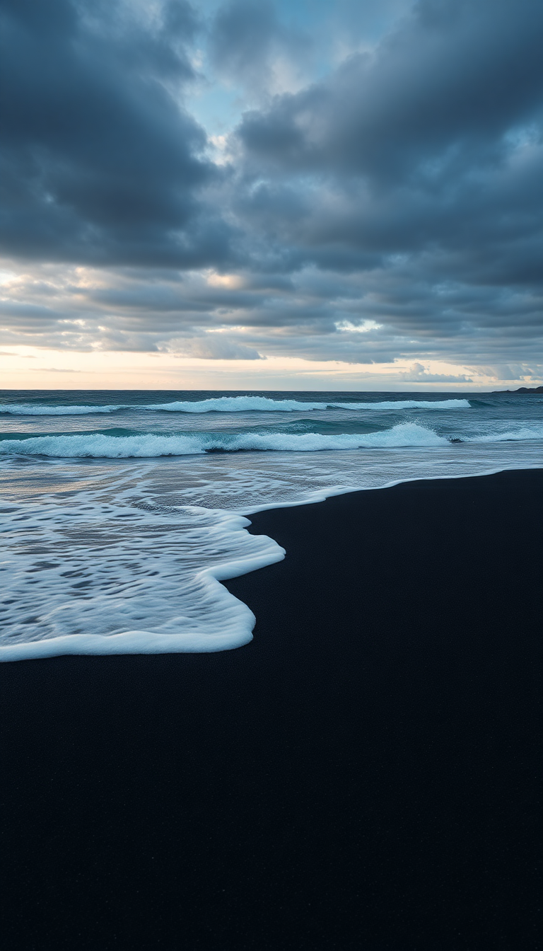 Icelandic Black Sand Beach Waves Photorealistic Wallpaper