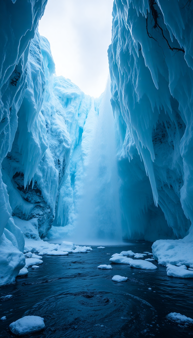 Frozen Waterfall Ice Formations Winter Photorealistic Wallpaper