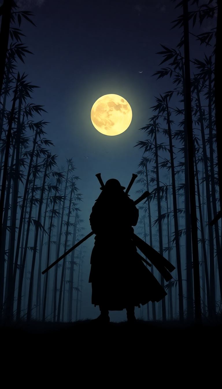 Samurai Silhouette Moonlit Bamboo Forest Digital art Wallpaper