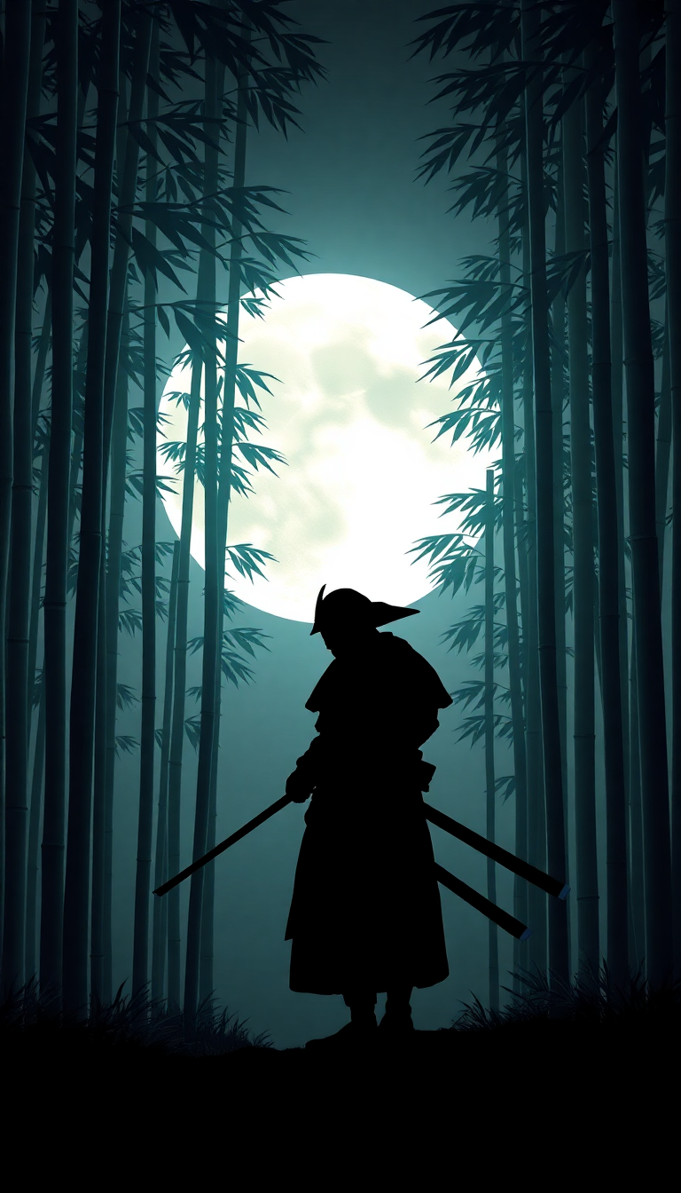 Samurai Silhouette Moonlit Bamboo Forest Digital art Wallpaper