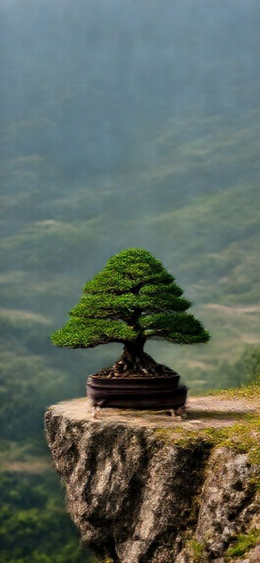 Bonsai Tree On Cliff Edge Minimalist Wallpaper