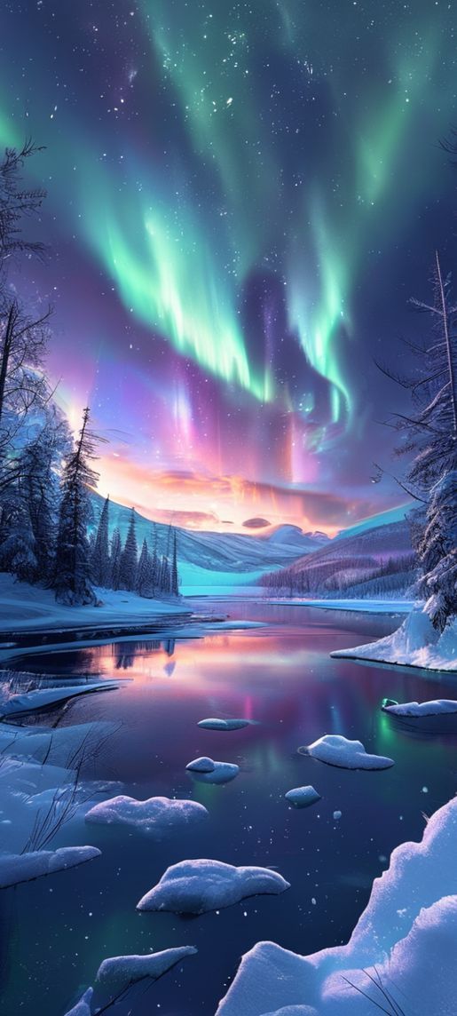 Winter Northern Lights Over Frozen Photorealistic Wallpaper
