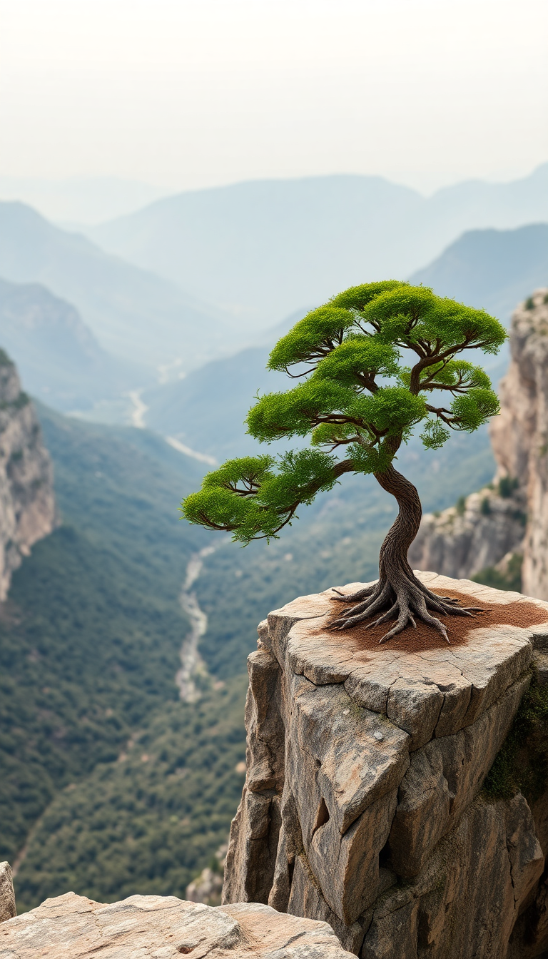 Bonsai Tree On Cliff Edge Minimalist Wallpaper