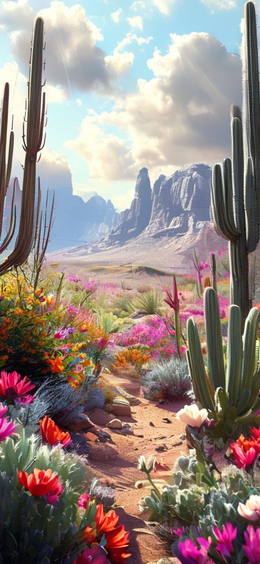 Blooming Desert After Rain Wildflowers Photorealistic Wallpaper