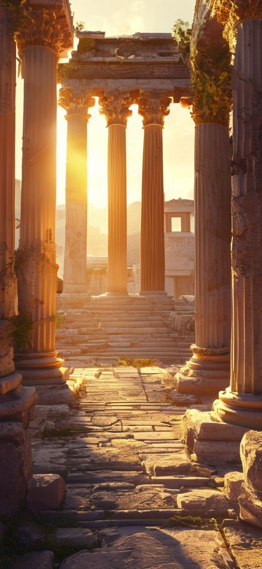 Ancient Greek Temple Ruins Golden Photorealistic Wallpaper