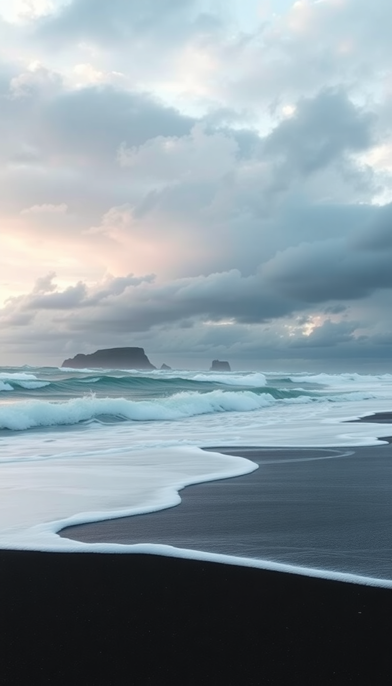Icelandic Black Sand Beach Waves Photorealistic Wallpaper