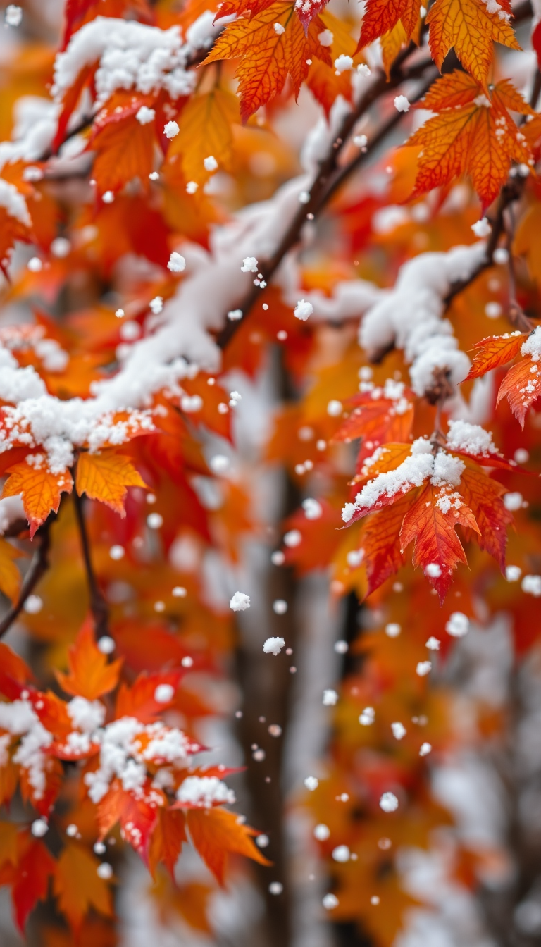 First Snow Falling On Autumn Photorealistic Wallpaper