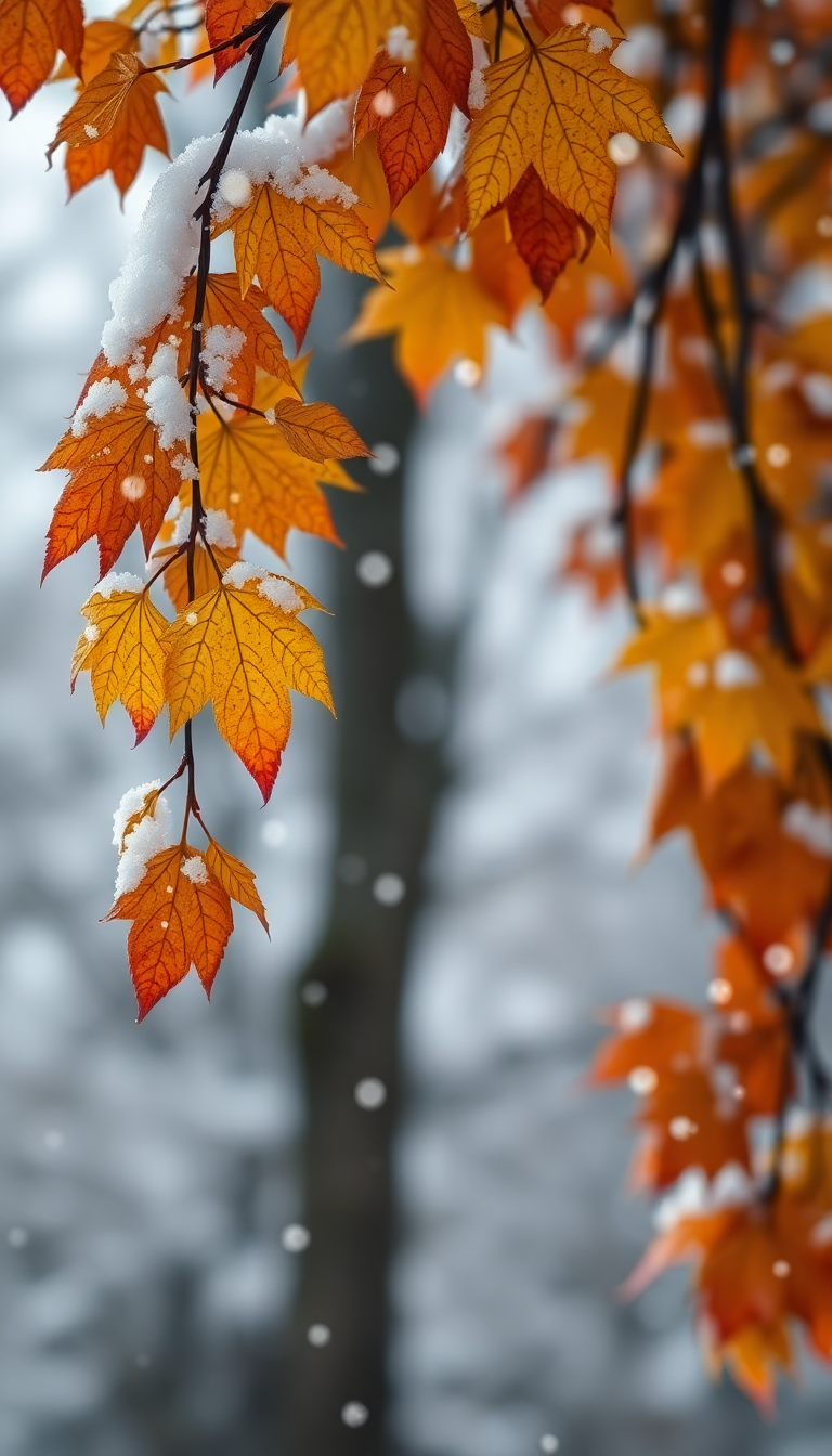 First Snow Falling On Autumn Photorealistic Wallpaper