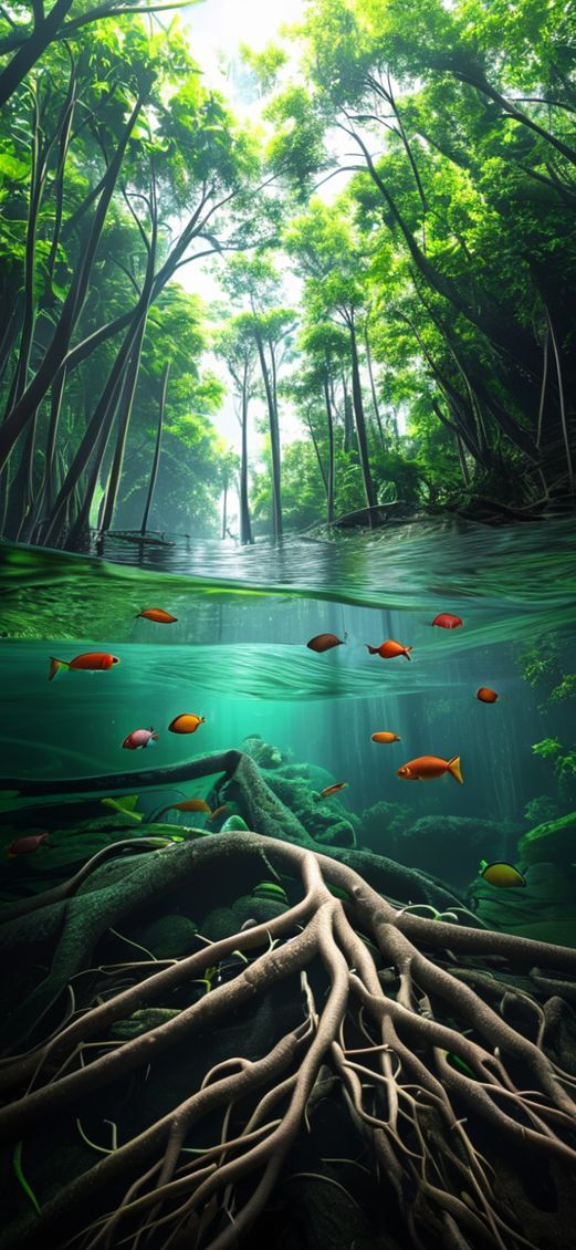Mangrove Forest Roots Underwater Fish Photorealistic Wallpaper