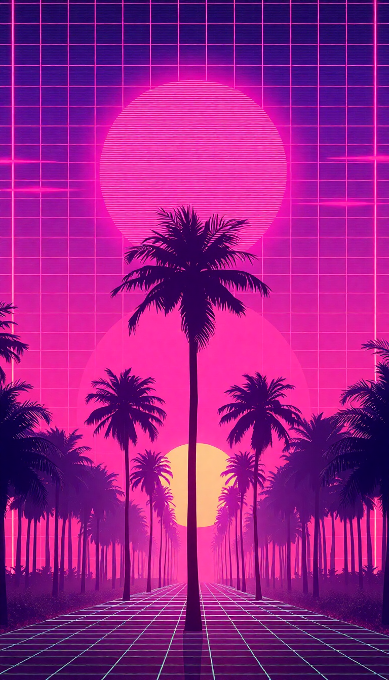 80s Synthwave Grid Sunset Palm Digital art Wallpaper