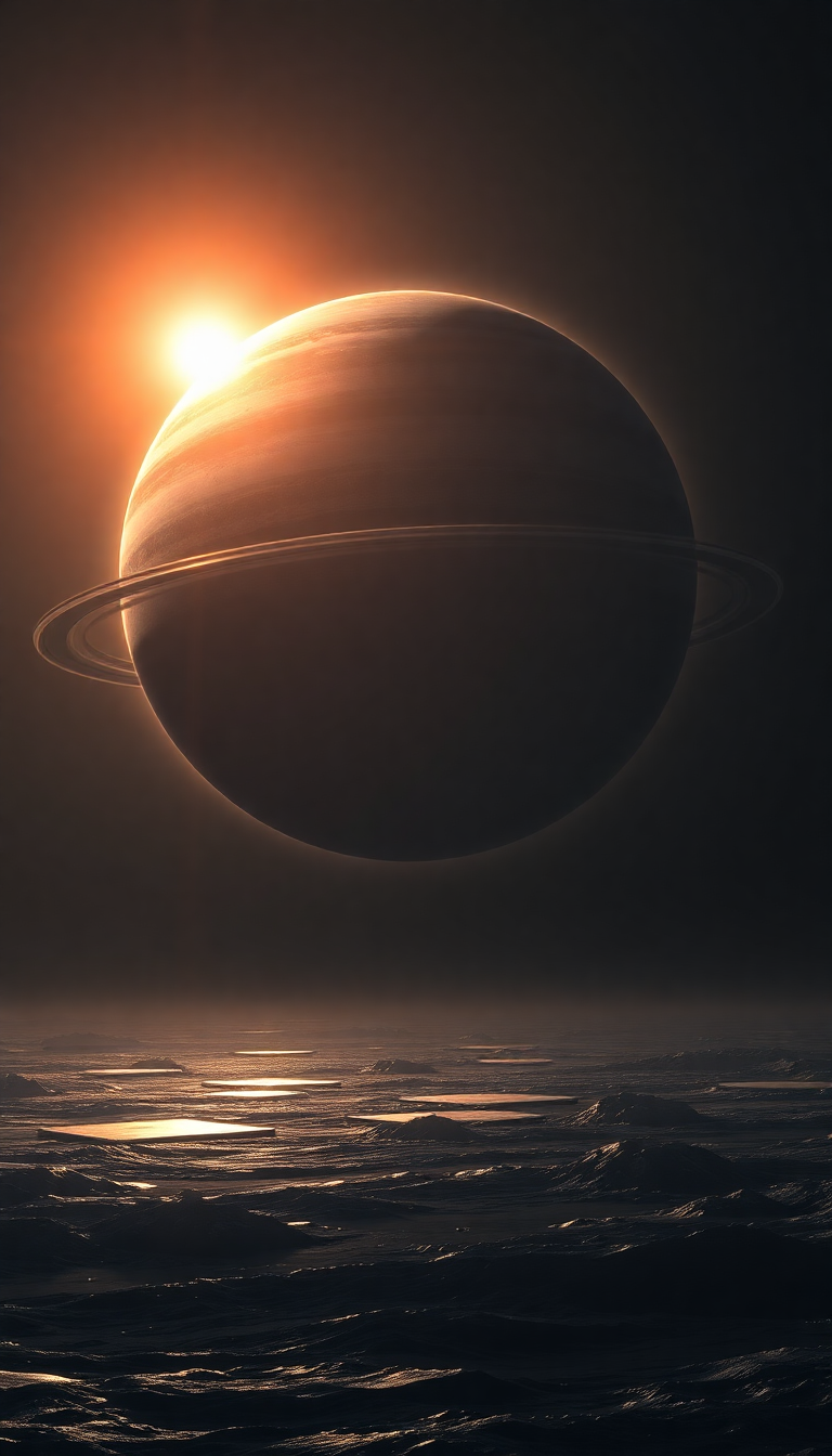 Massive Ringed Planet Rising Over Photorealistic Wallpaper