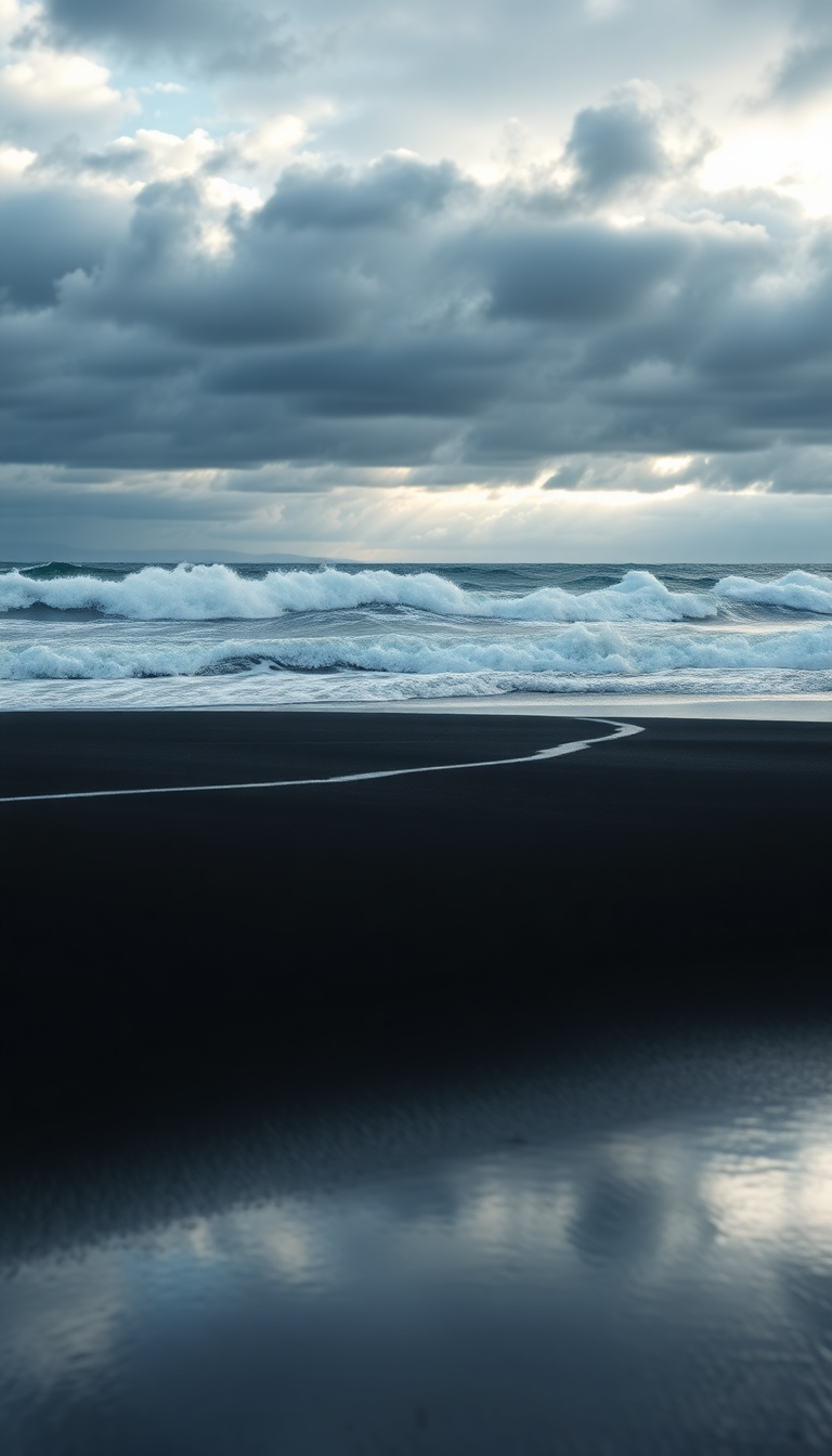 Icelandic Black Sand Beach Waves Photorealistic Wallpaper