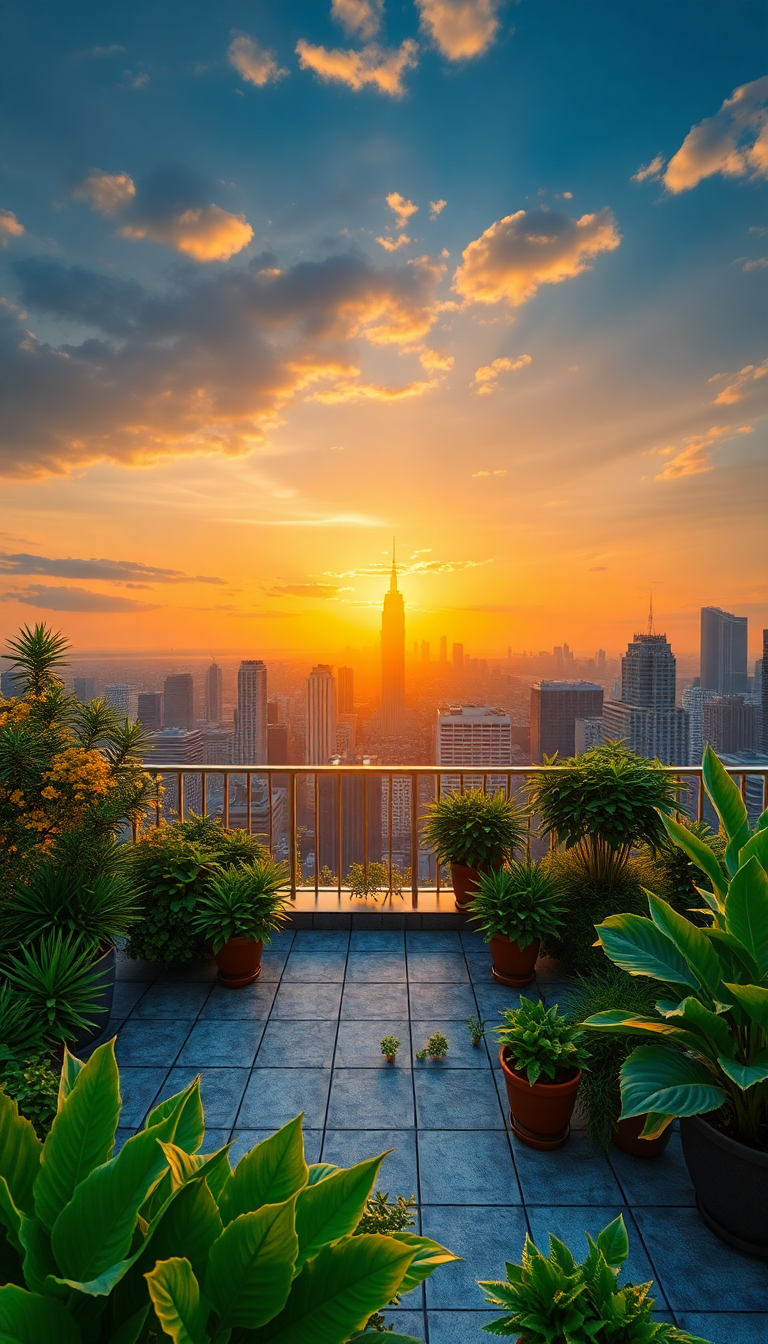 Rooftop Garden Oasis Above City Photorealistic Wallpaper