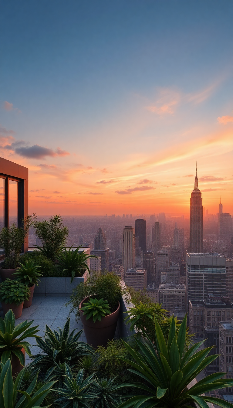 Rooftop Garden Oasis Above City Photorealistic Wallpaper