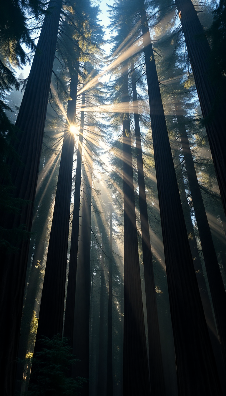 Giant Redwood Trees Morning Fog Photorealistic Wallpaper
