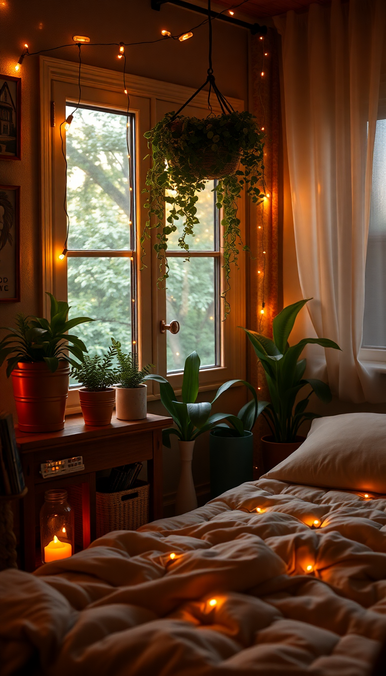 Indie Bedroom Fairy Lights Plants Photorealistic Wallpaper