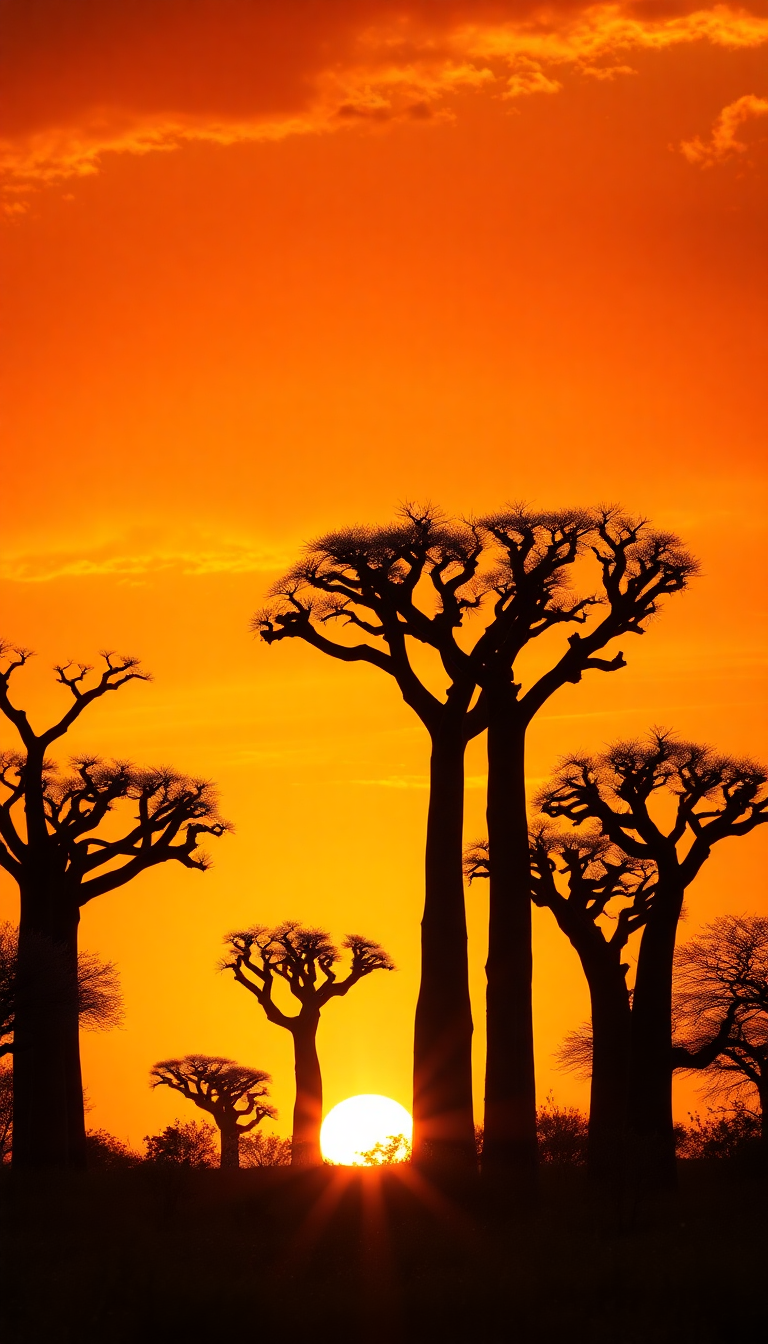 Baobab Trees Silhouette African Sunset Photorealistic Wallpaper
