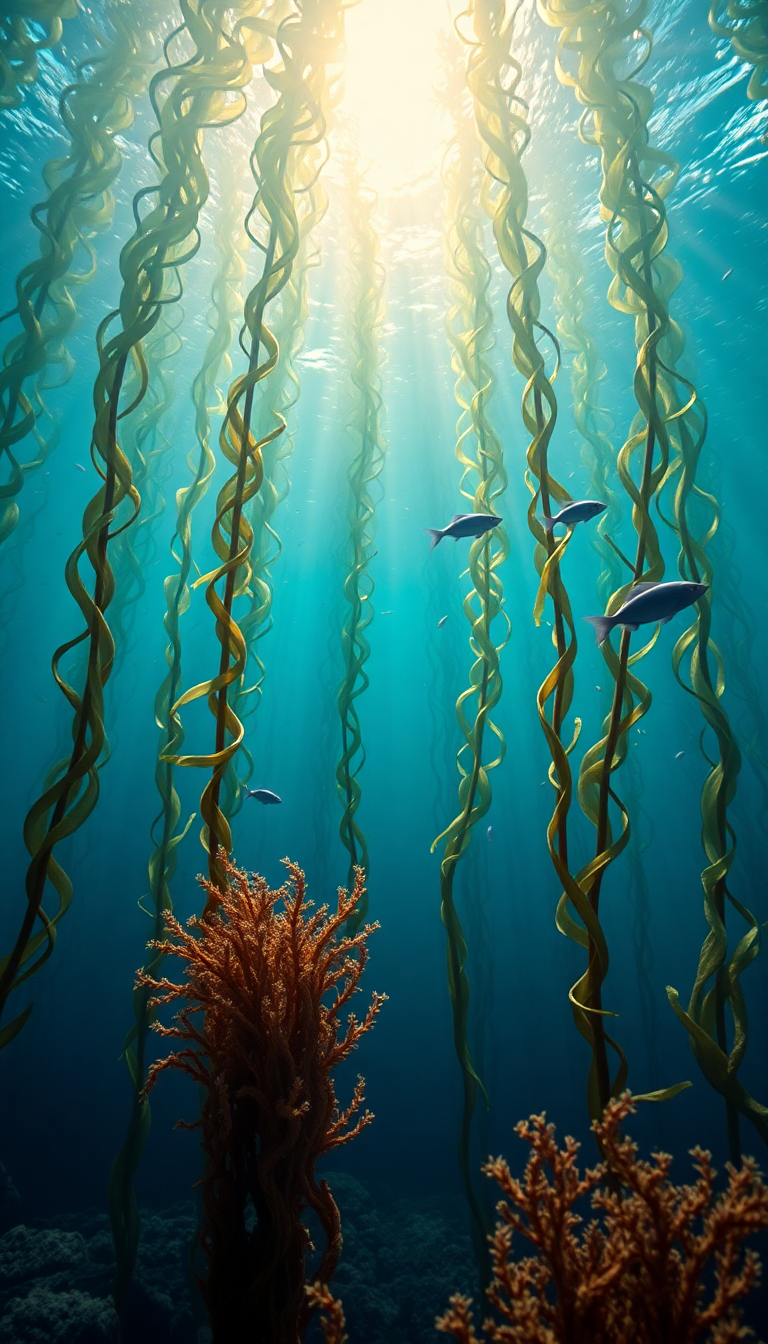 Underwater Forest Kelp Swaying Fish Photorealistic Wallpaper