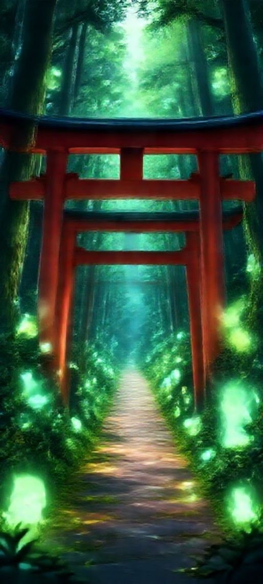 Spirit Forest Glowing Creatures Torii Anime Wallpaper