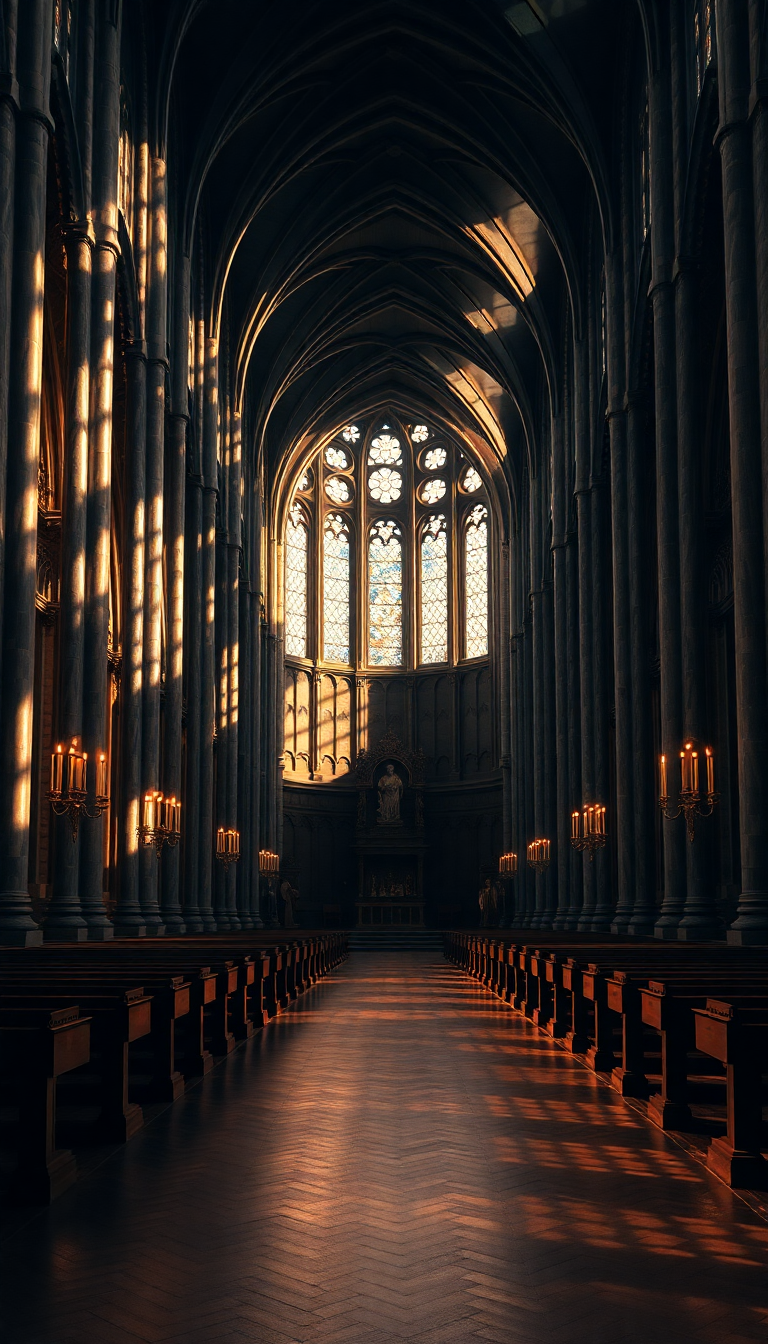 Gothic Cathedral Interior Candlelight Shadows Photorealistic Wallpaper