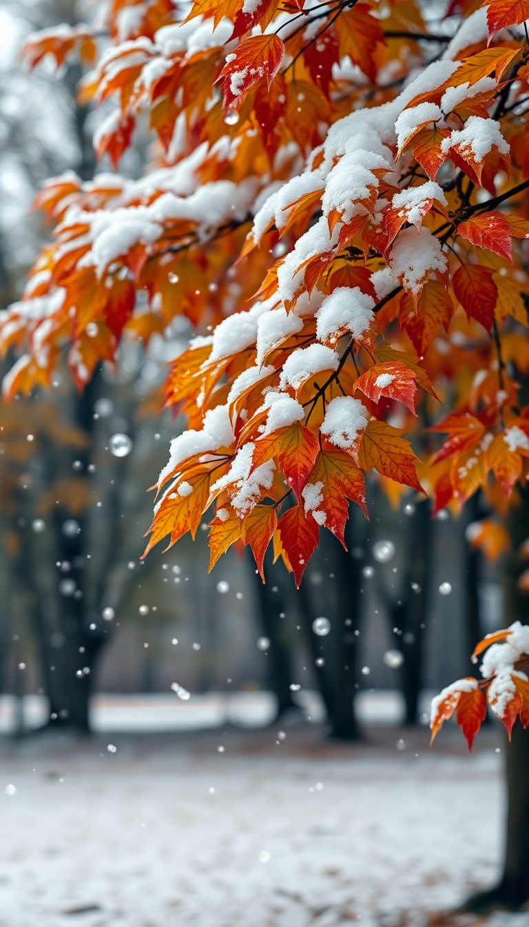 First Snow Falling On Autumn Photorealistic Wallpaper